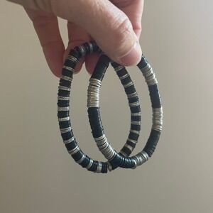 Stackable Beaded Bracelets Set Black Silver Tone Stretch Boho‎ Chic Accessory
